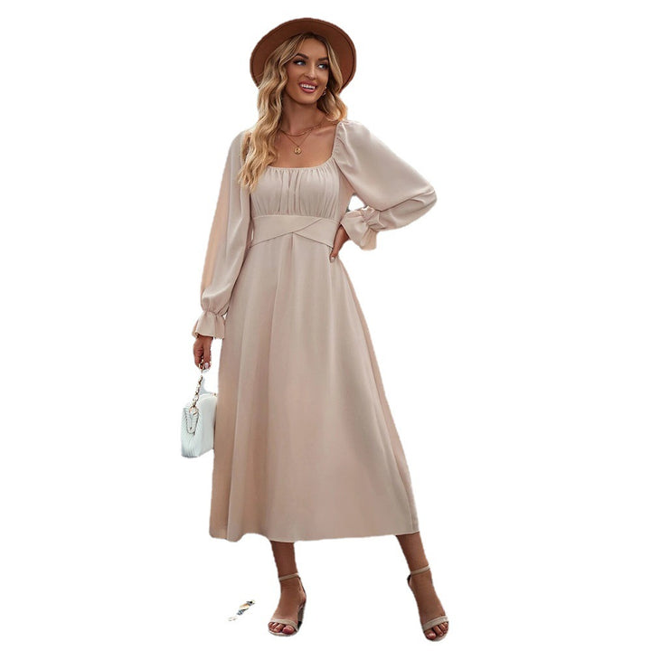 Damen Midi-Kleid mit eleganter Drapierung und langen Puffärmeln Drune