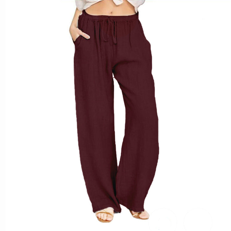 Damen nan weite Leinenhose mit elastischem Bund Kordelzug und Seitentaschen Drune