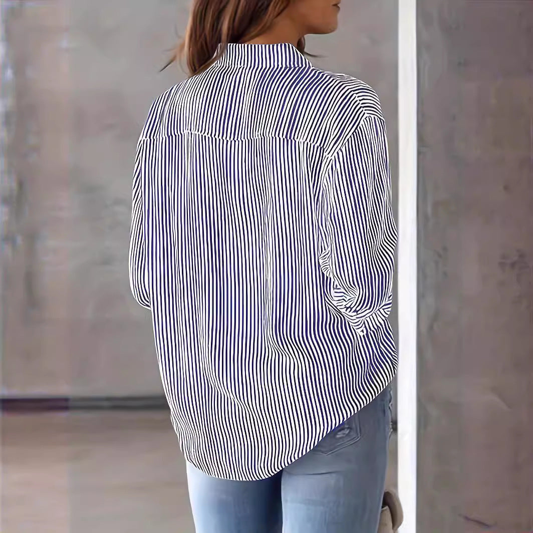 Damen gestreifte Bluse mit lockerer Passform und praktischer Brusttasche Drune
