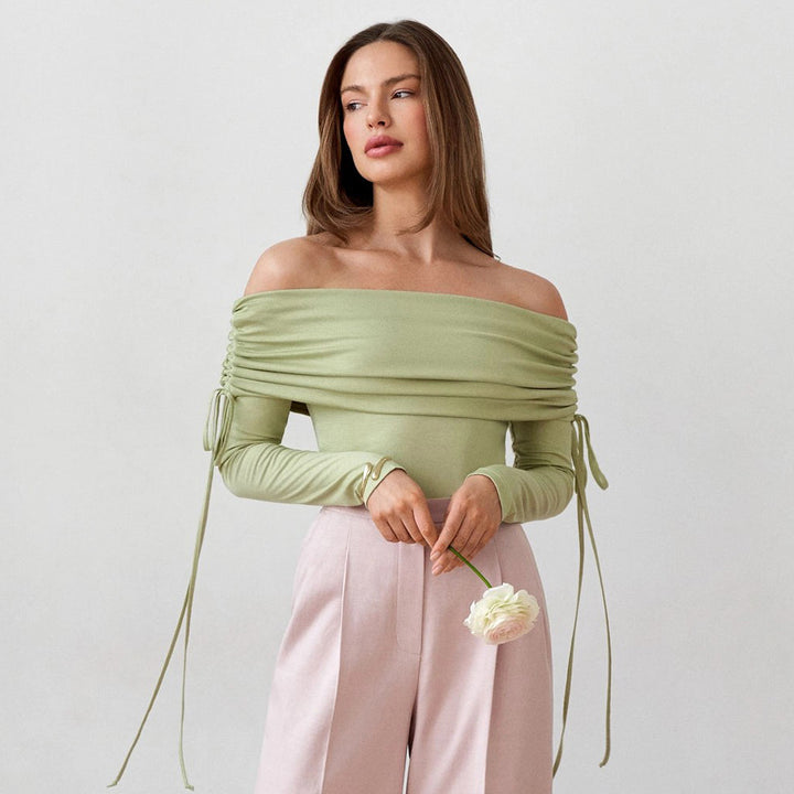 Damen Off-Shoulder Bluse mit Raffungen und langen Ärmeln Drune