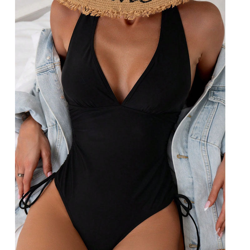 Damen einteiliger Badeanzug mit tiefem V-Ausschnitt und seitlichem Bindedesign Drune