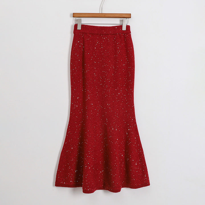 Damen nan figurbetonter gestrickter Midirock mit Glitzerfaser und Trompetensaum Drune
