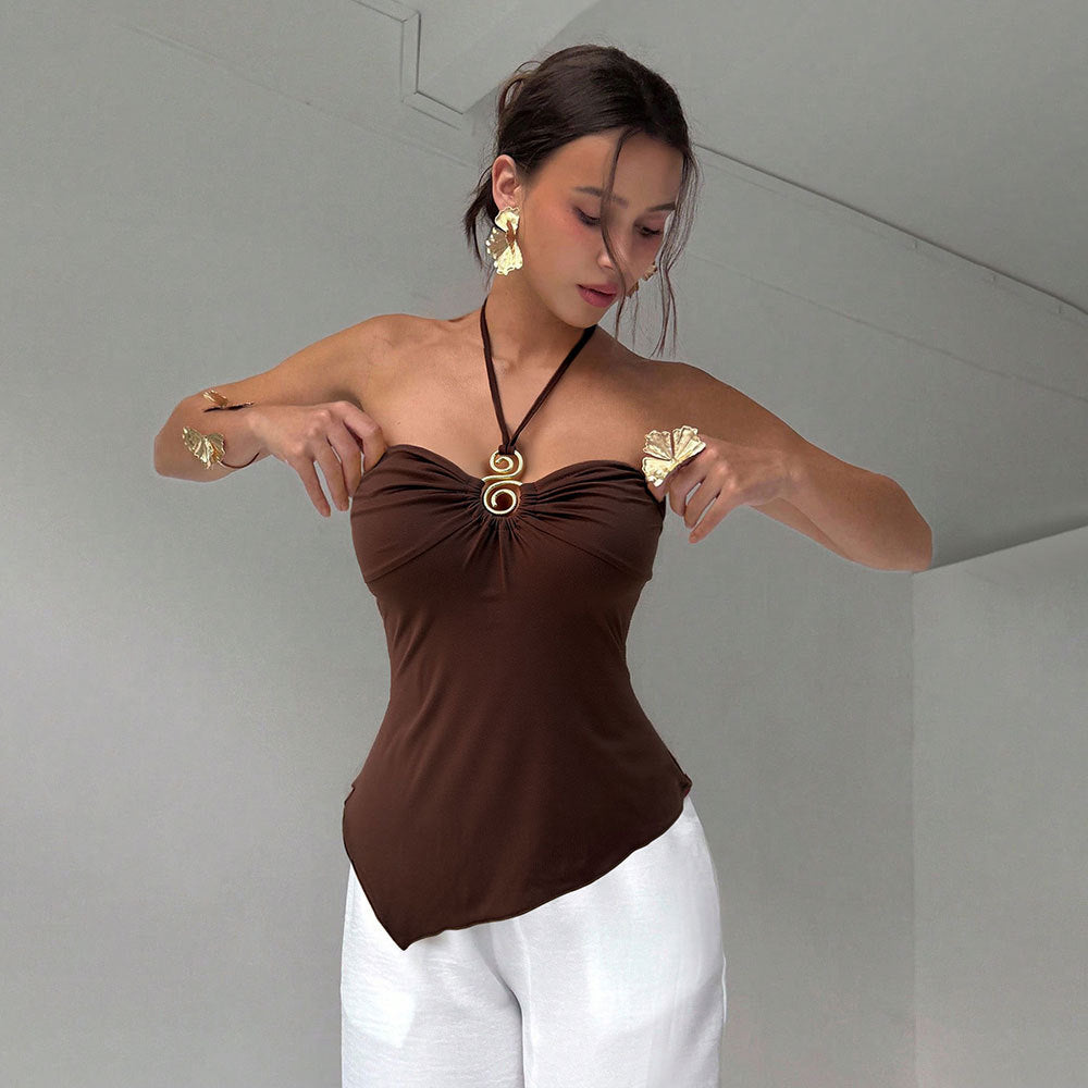 Damen Wickeltop mit eleganter Drapierung und verstellbarem Halsband Drune
