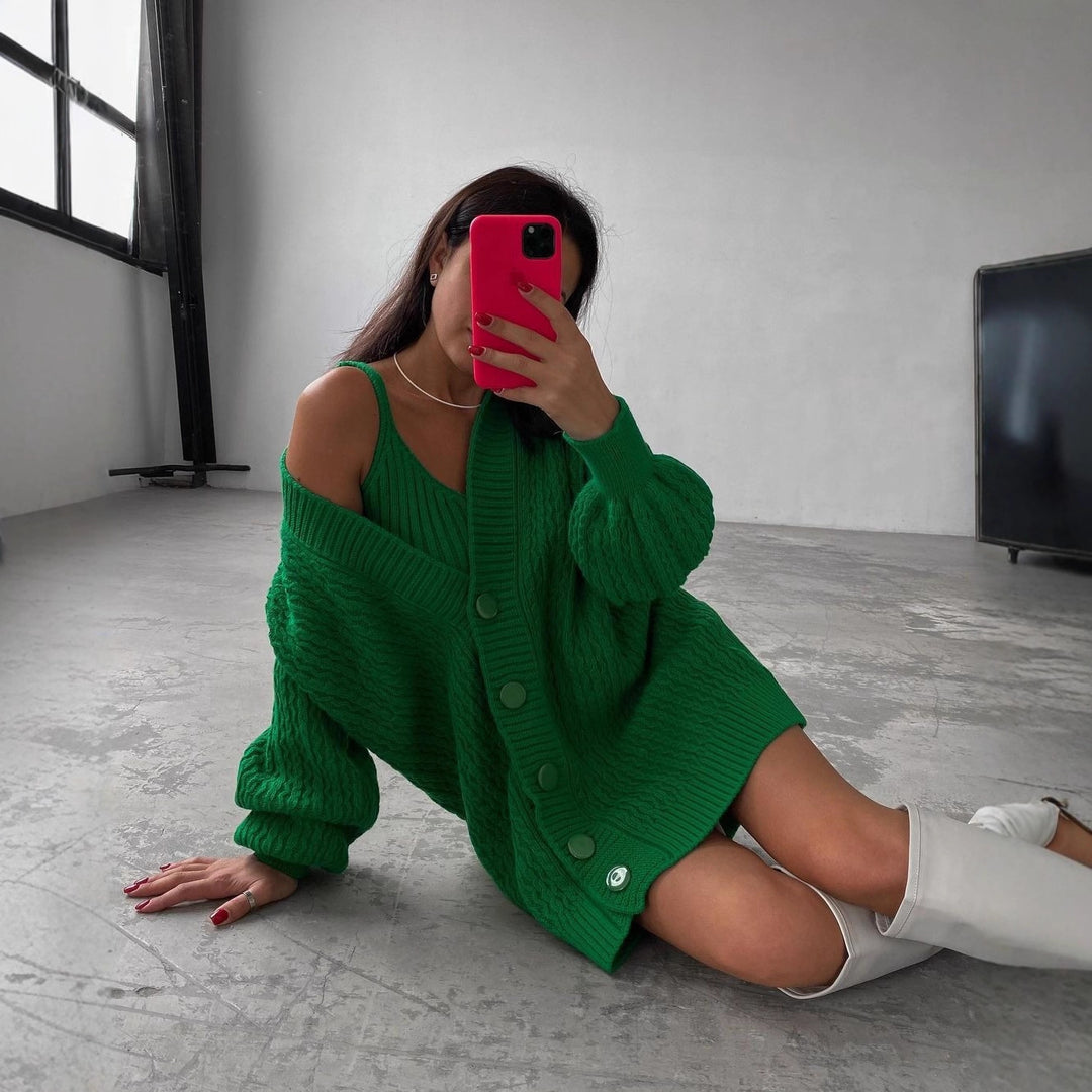 Damen Großer Strickcardigan mit Knopfleiste und Ballonärmeln Drune