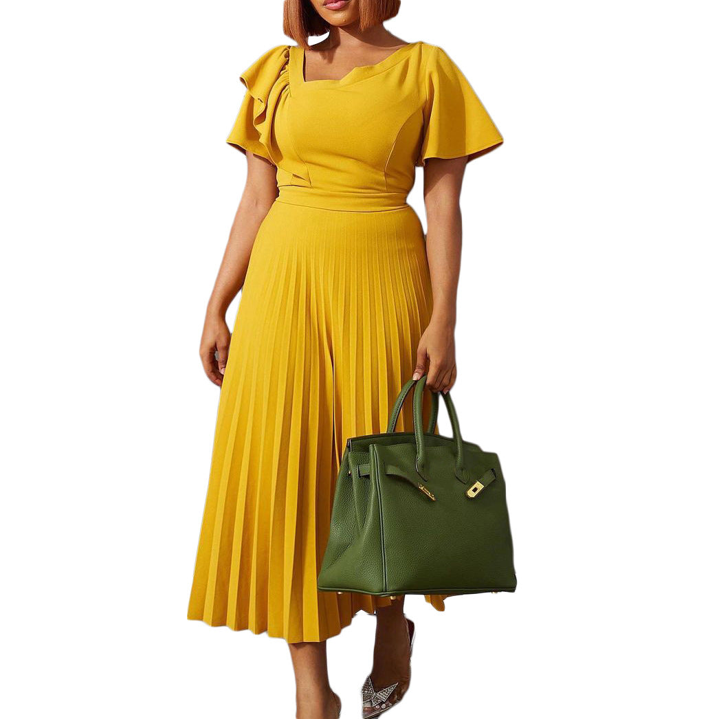 Damen Plisseekleid mit elegantem Rüschendesign und V-Ausschnitt Drune