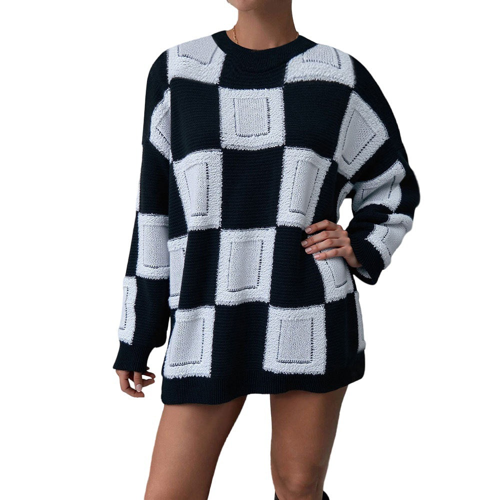 Damen Oversized Pullover mit geometrischem Muster und elastischen Bündchen Drune