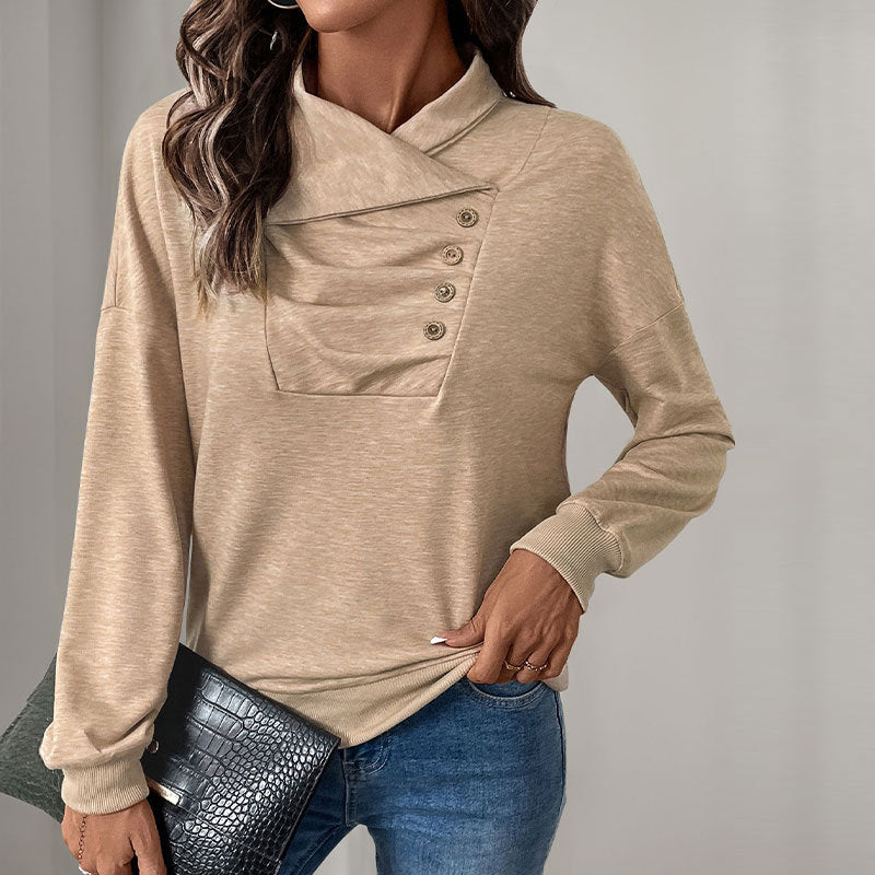 Damen lässiger Strickpullover mit modischem Kragen und Knopfdetails Drune