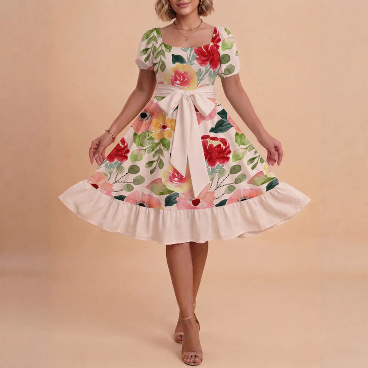 Damen A-Linien-Kleid mit floralen Motiven und taillierbarem Gürtel Drune