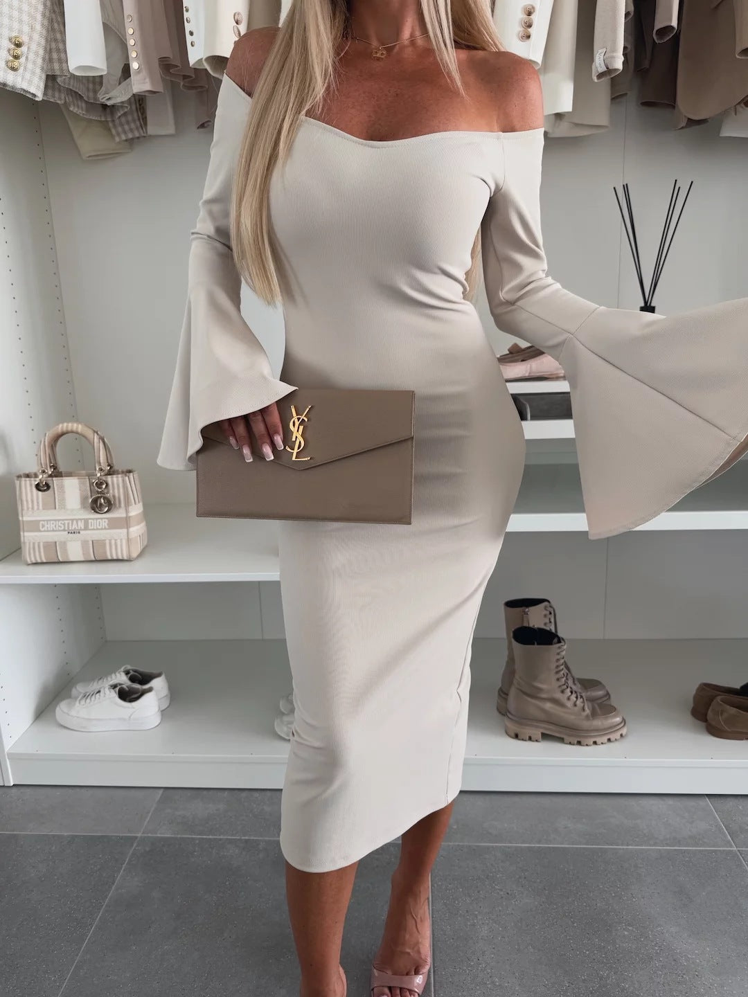 Damen Figurbetontes Wickelkleid mit schulterfreiem Design und weit geschnittenen Ärmeln Drune