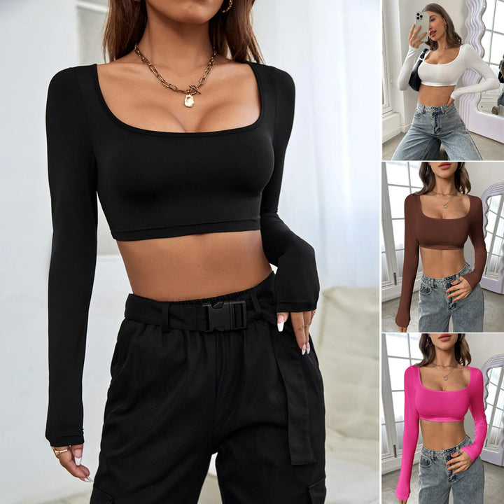 Damen Langarm Crop-Top mit elegantem Quadrat-Ausschnitt und komfortablem Schnitt Drune