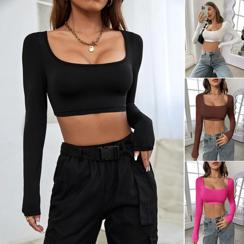 Damen Langarm Crop-Top mit elegantem Quadrat-Ausschnitt und komfortablem Schnitt Drune