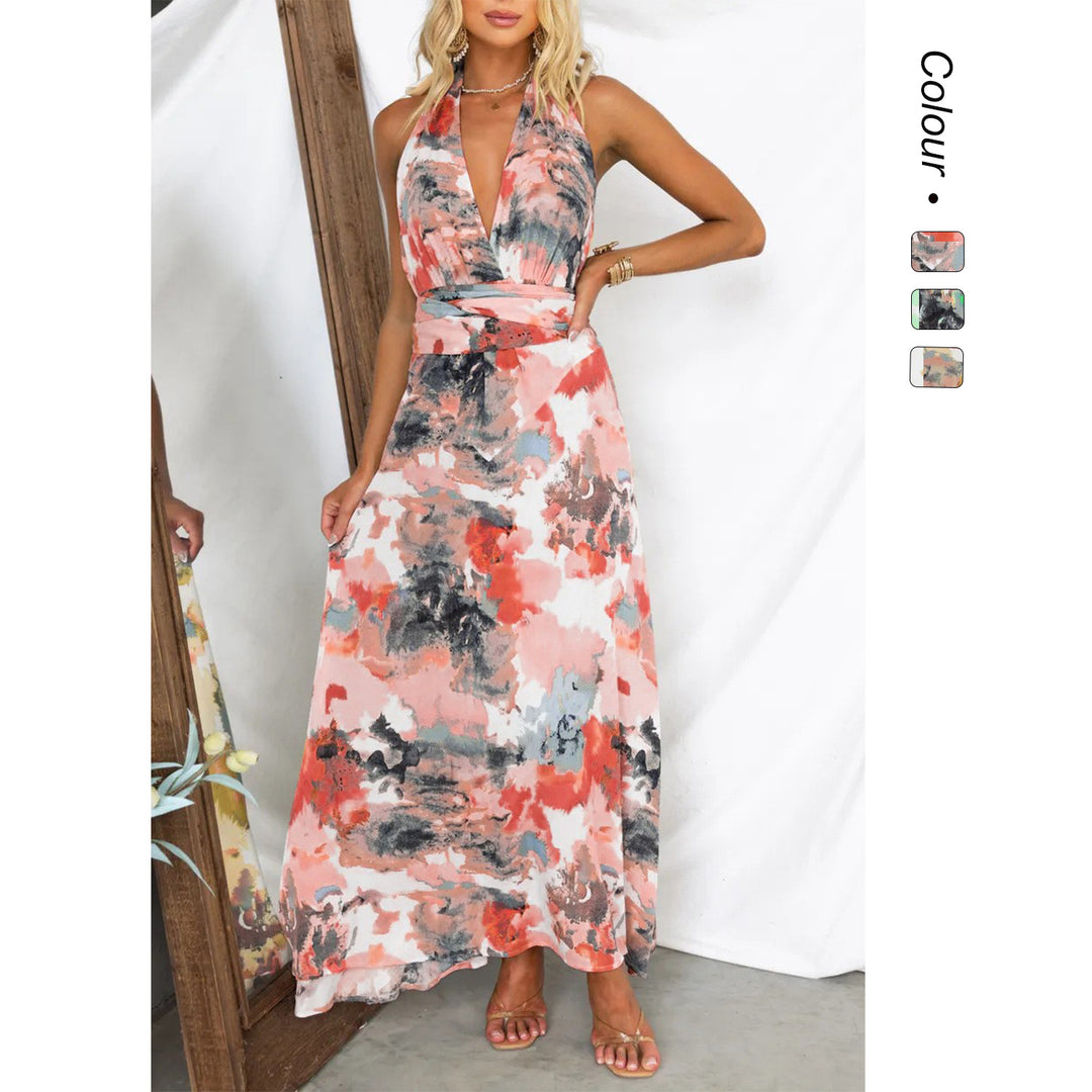 Damen Maxikleid mit tiefem V-Ausschnitt und elegantem Bindegürtel Drune