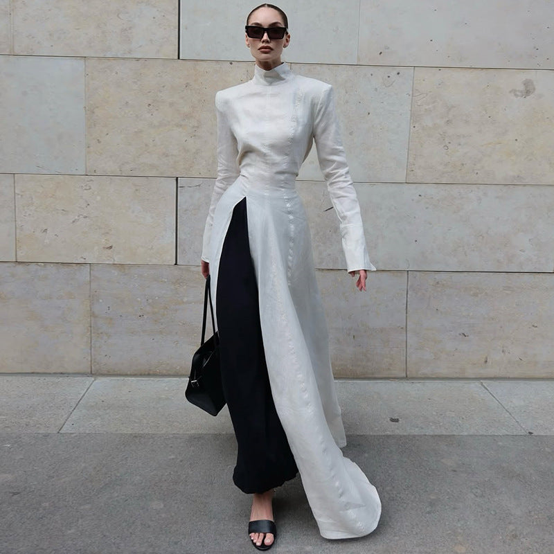 Damen elegantes Maxikleid mit hochgeschlossenem Kragen und asymmetrischem Farbdesign Drune