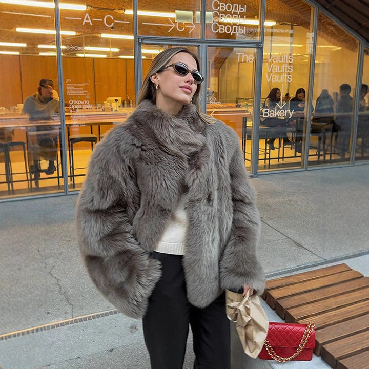 Damen luxuriöse Kunstfelljacke mit voluminösen Ärmeln Drune