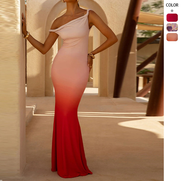 Damen Elegantes Maxikleid mit schulterfreiem Design und Raffung Drune
