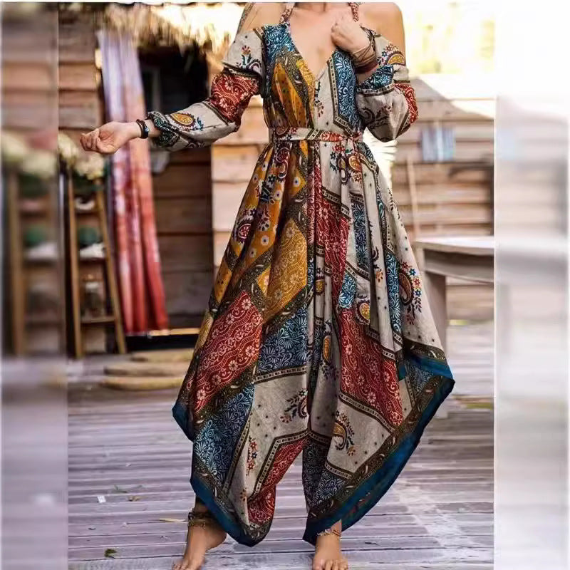 Damen Langes Wickelkleid mit verspieltem Muster und off-shoulder Design Drune