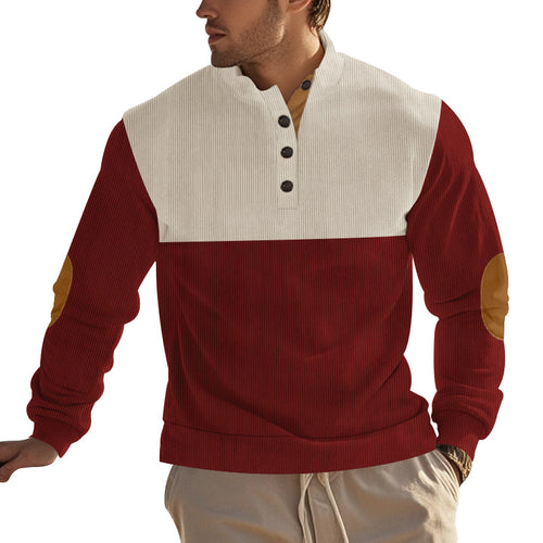 Herren nan strukturiertes Henley-Sweatshirt mit Stehkragen, Knopfleiste und Leder-Ellenbogenpatches Drune