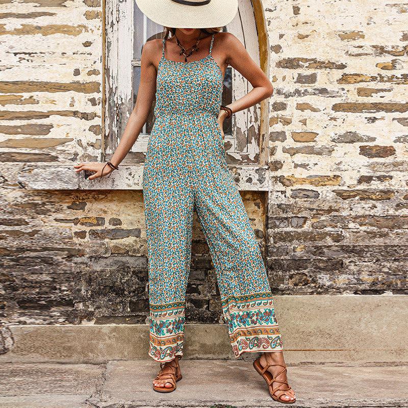 Damen floraler Jumpsuit mit breiter Beinform und verstellbaren Trägern Drune