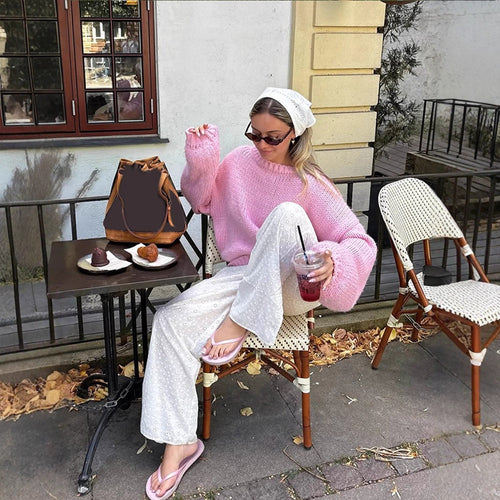 Damen lässiger Strickpullover mit weit geschnittenen Ärmeln Drune
