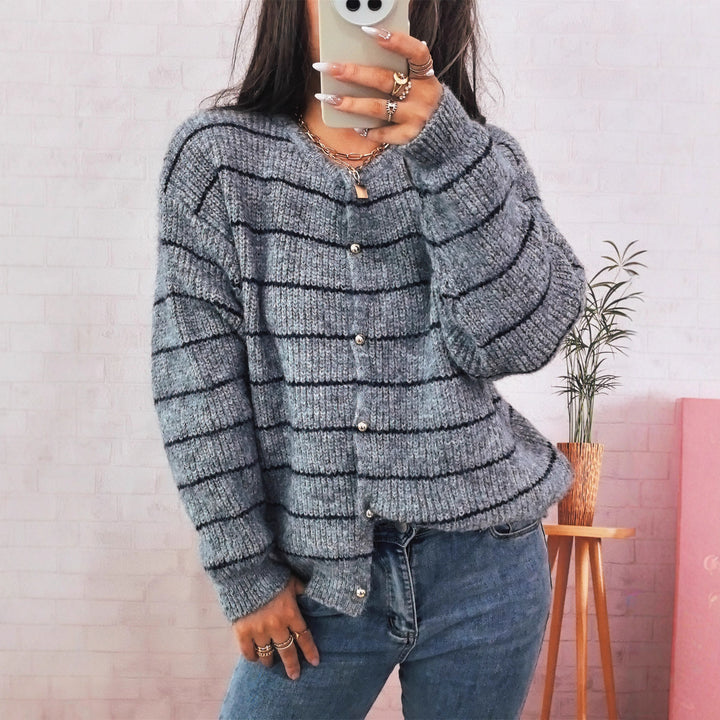 Damen gemütlicher Strickcardigan mit dekorativen Knöpfen und feinem Streifenmuster Drune