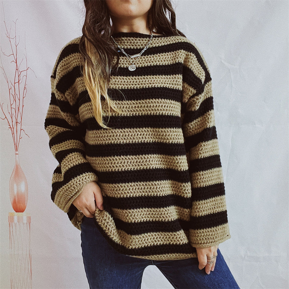 Damen gestrickter Oversized-Pullover mit breitem Streifenmuster Drune