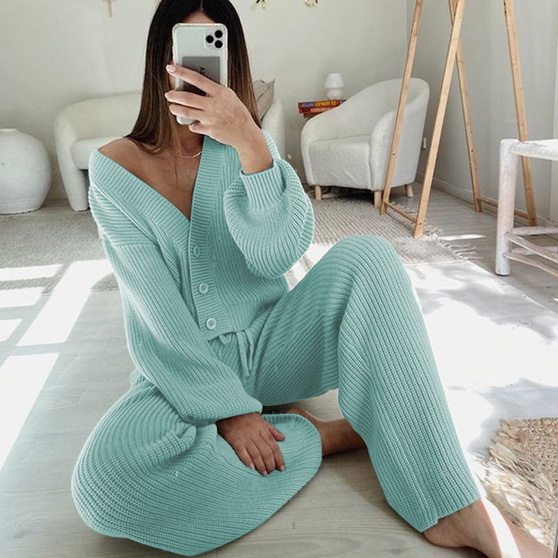 Damen Wabenstrick Set mit Knopfleiste und elastischer Hose Drune