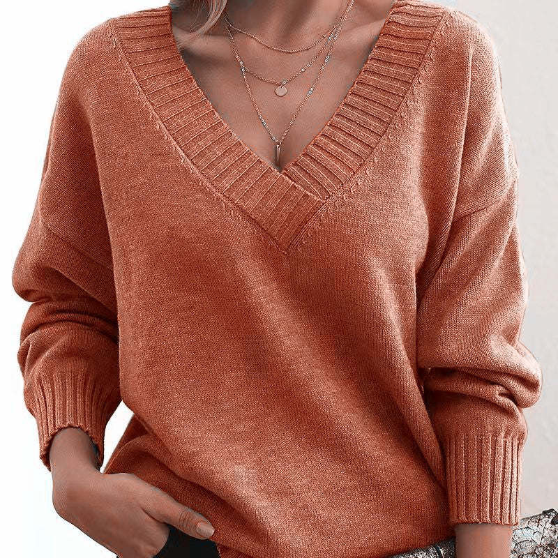 Damen nan Oversized V-Ausschnitt Strickpullover mit gerippten Bündchen Drune
