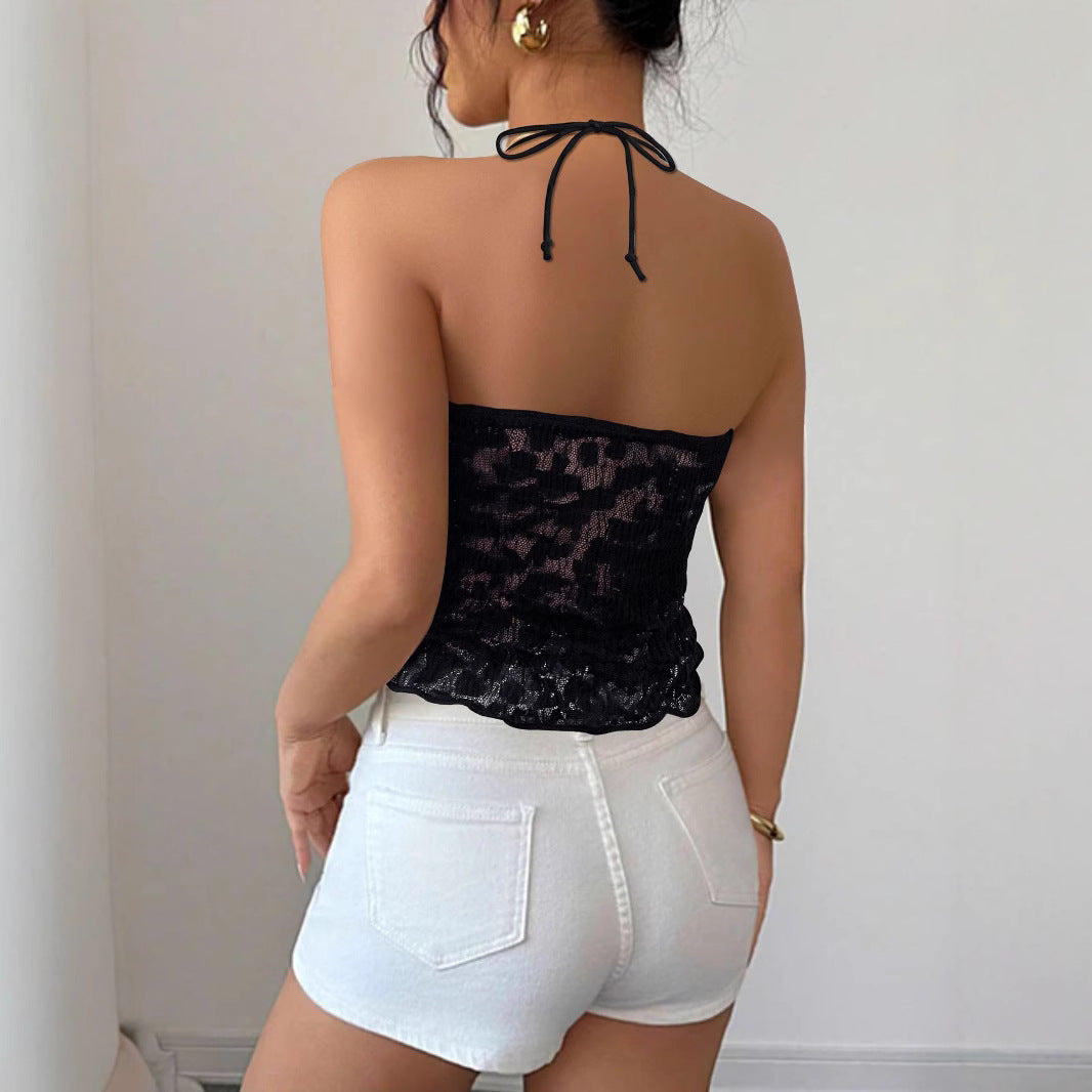 Damen Freizeit Top mit verspieltem Bindeband und Spitze Drune