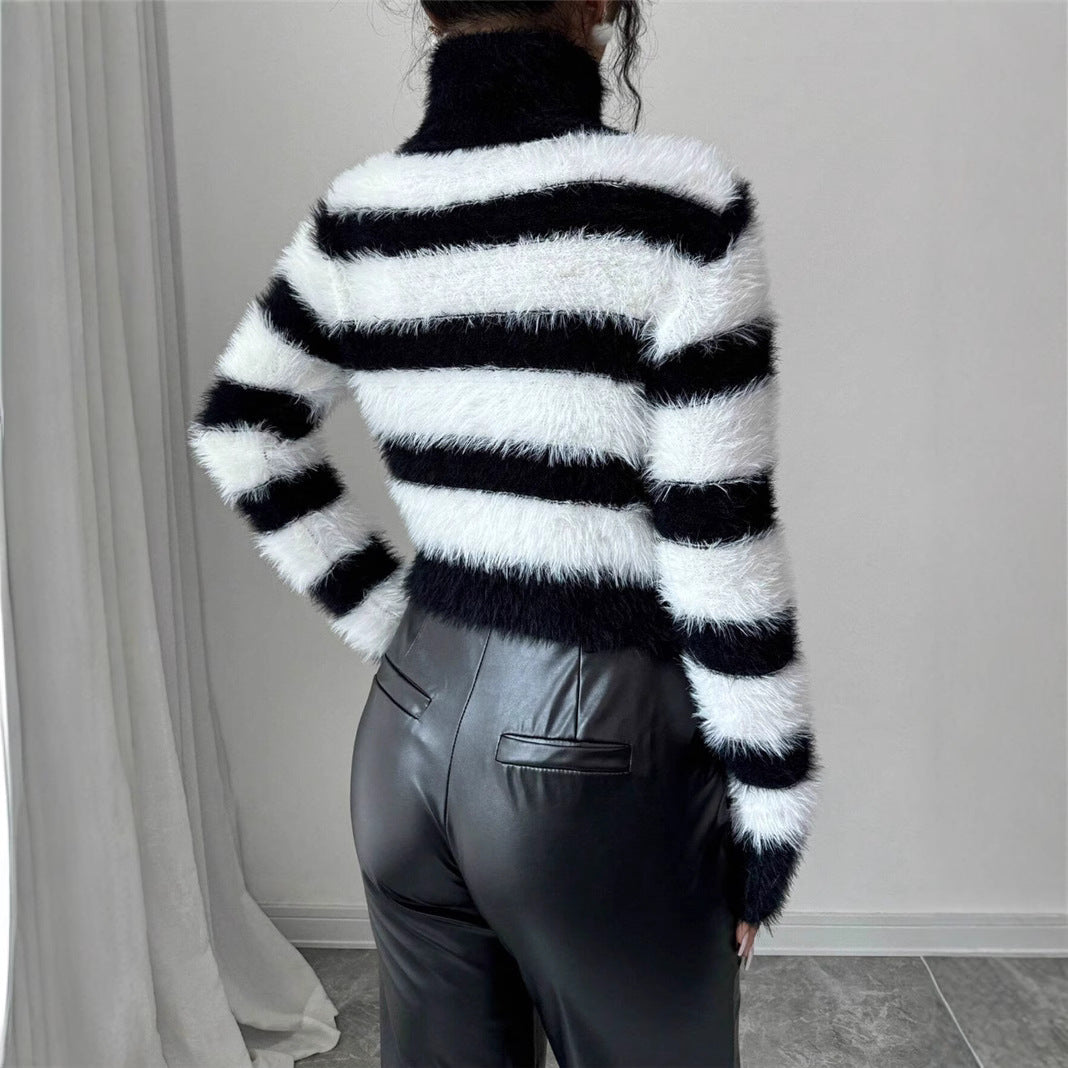 Damen modischer Strickpullover mit trendigem gestreiften Design und hohem Kragen Drune