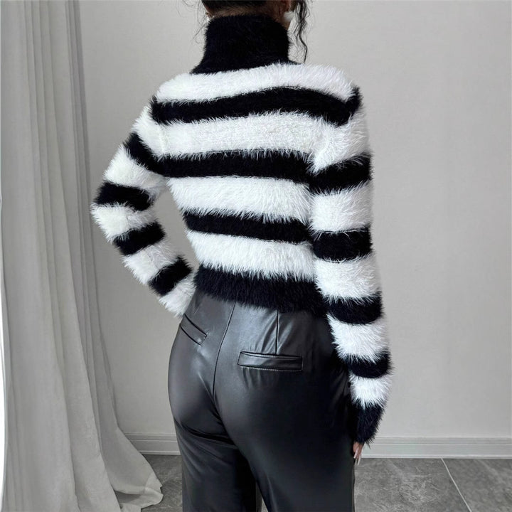 Damen modischer Strickpullover mit trendigem gestreiften Design und hohem Kragen Drune