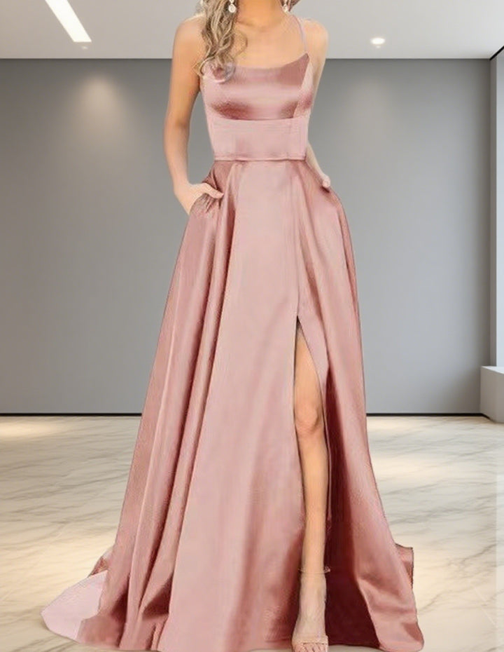 Damen Elegantes Abendkleid mit seitlichem Schlitz und schmalen Spaghetti-Trägern Drune