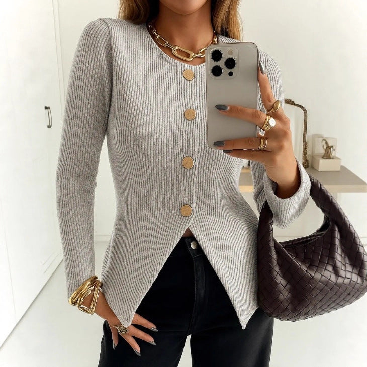 Damen elegantes Strickjacke mit dekorativen Knöpfen Drune