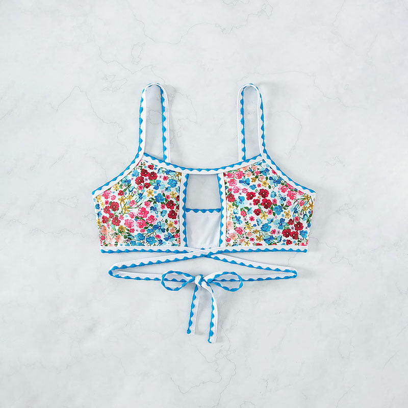 Damen Bikini-Oberteil mit floralem Design und verspielten Bindebändern Drune