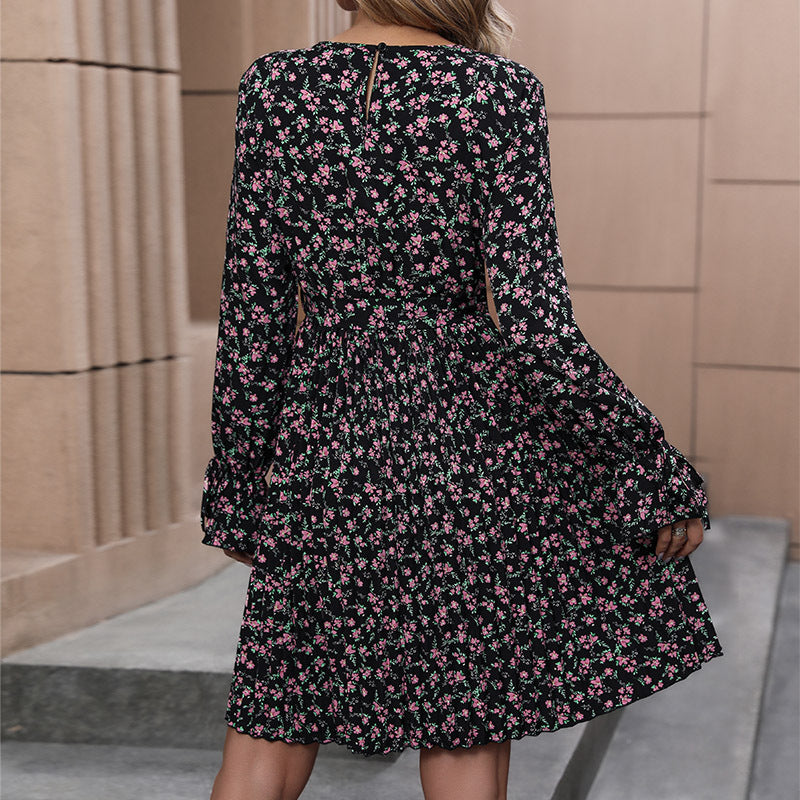 Damen Blumenkleid mit lässigem Wickeldesign und voluminösen Ärmeln Drune