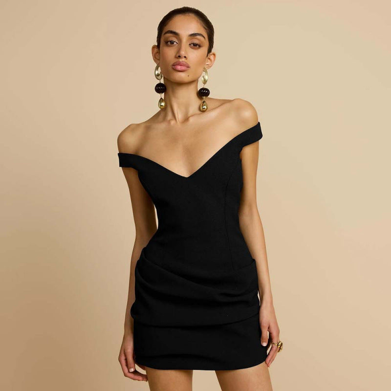 Damen elegante Off-Shoulder Minikleid mit tiefem V-Ausschnitt und gerafftem Saum Drune
