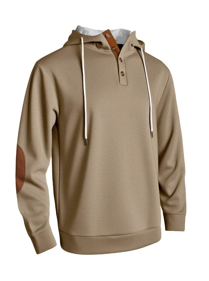 Herren nan Kapuzenpullover im puristischen Freizeitstil mit Henley-Knopfleiste, kontrastierter Kapuzeninnenseite und Ellenbogenaufnähern Drune
