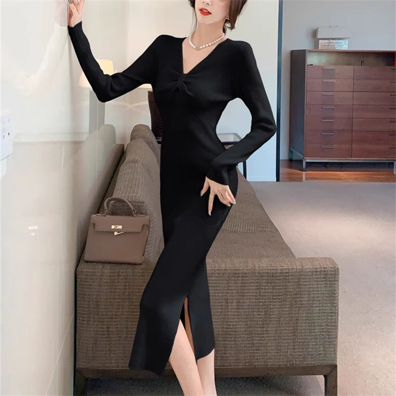 Damen Strickkleid mit tiefem V-Ausschnitt und Eleganter Rippstruktur Drune