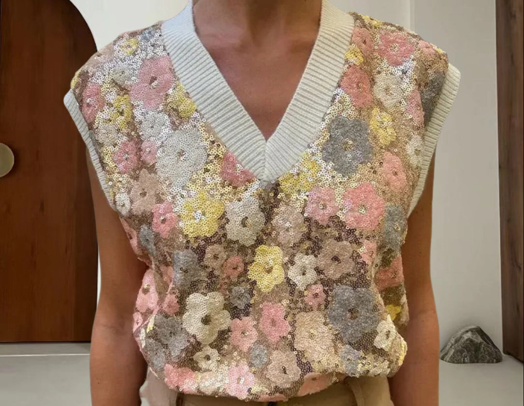 Damen Glamouröses Strickoberteil mit Blumenapplikationen und funkelnden Pailletten Drune