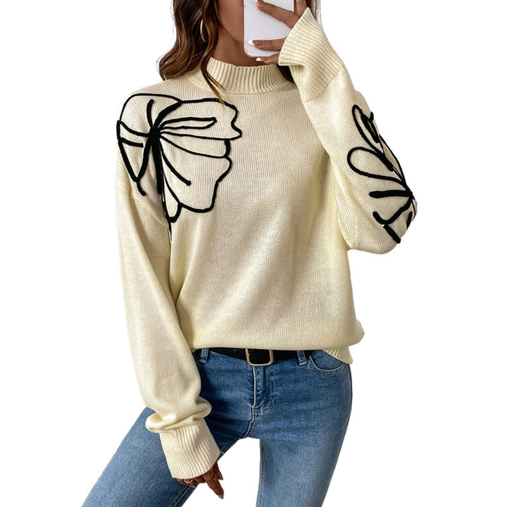 Damen Strickpullover mit floralem Design und hohem Kragen Drune