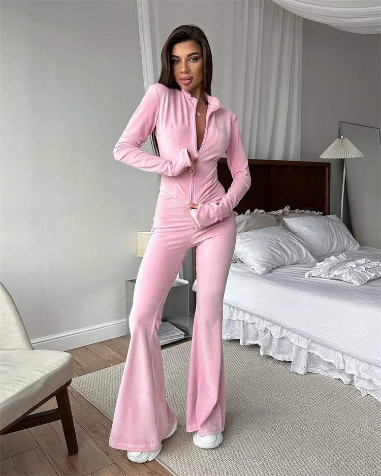 Damen nan taillierter Velours-Overall mit Halbzip, Kapuze und ausgestelltem Schlag Drune
