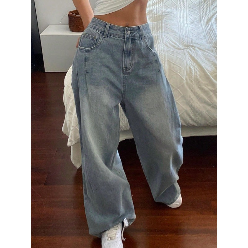 Damen weite High-Waist Jeans mit dekorativen Taschen Drune