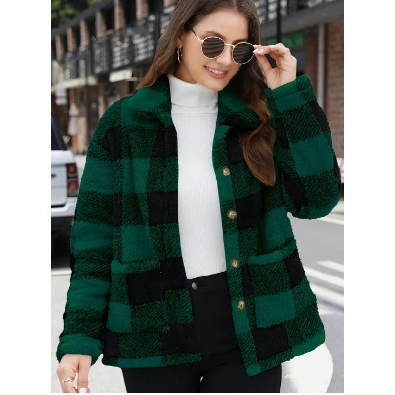 Damen kuschelige Plüschjacke mit Karomuster Drune