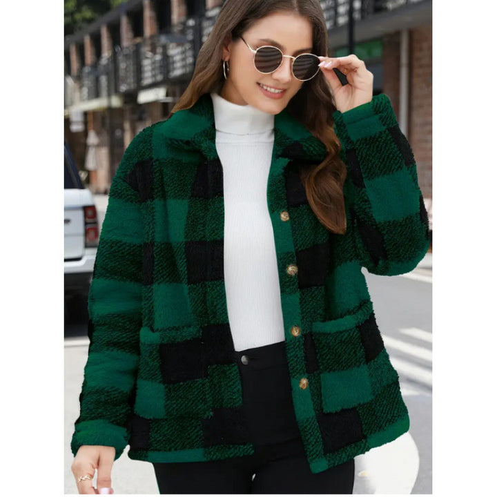 Damen kuschelige Plüschjacke mit Karomuster Drune