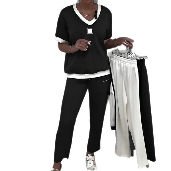 Damen nan zweiteiliges sportlich-elegantes Jersey-Set mit V-Ausschnitt, breiten Bündchen und seitlichem Streifen Drune