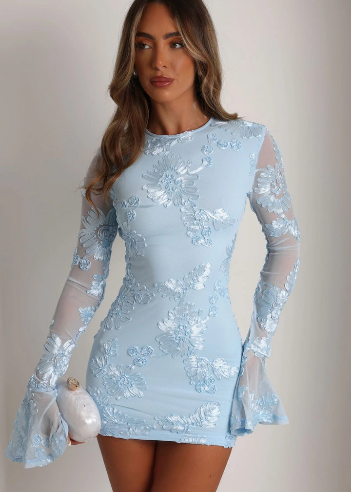 Damen Figurnahes Spitzenkleid mit floralen Applikationen und langen Ärmeln Drune