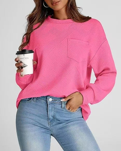 Damen lässiger Sweatshirt mit strukturiertem Design und aufgesetzter Brusttasche Drune