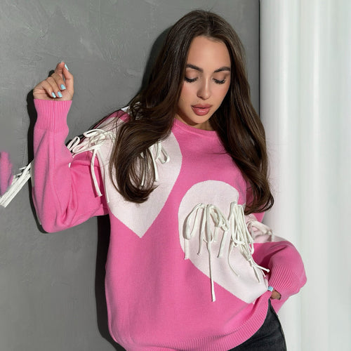 Damen modischer Pullover mit fröhlichem Herzdesign und kreativen Fransen Drune