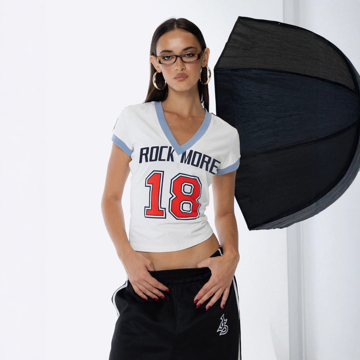 Damen modisches V-Ausschnitt T-Shirt mit dekorativem Schriftzug Drune