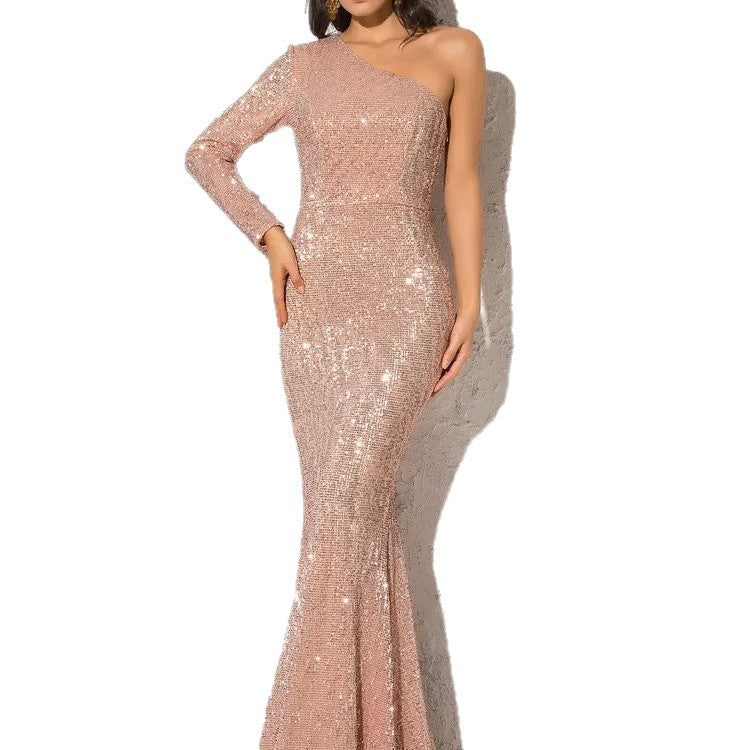Damen Glitzerndes Elegantes Abendkleid mit schimmerndem Effekt und asymmetrischem Schnitt Drune