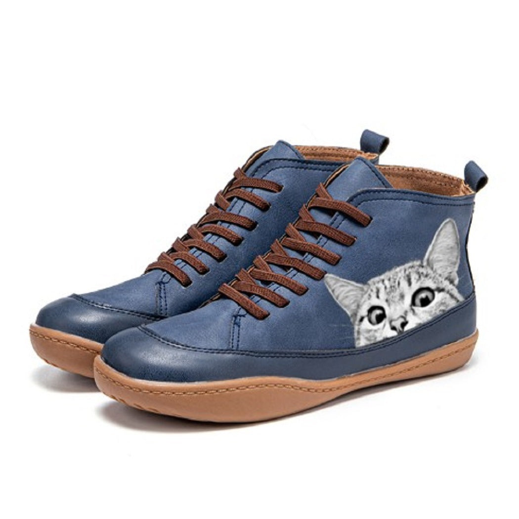 Damen High-Top Sneaker mit geprägtem Katzenmotiv weiches Kunstleder und gepolstertes Komfortfußbett Drune
